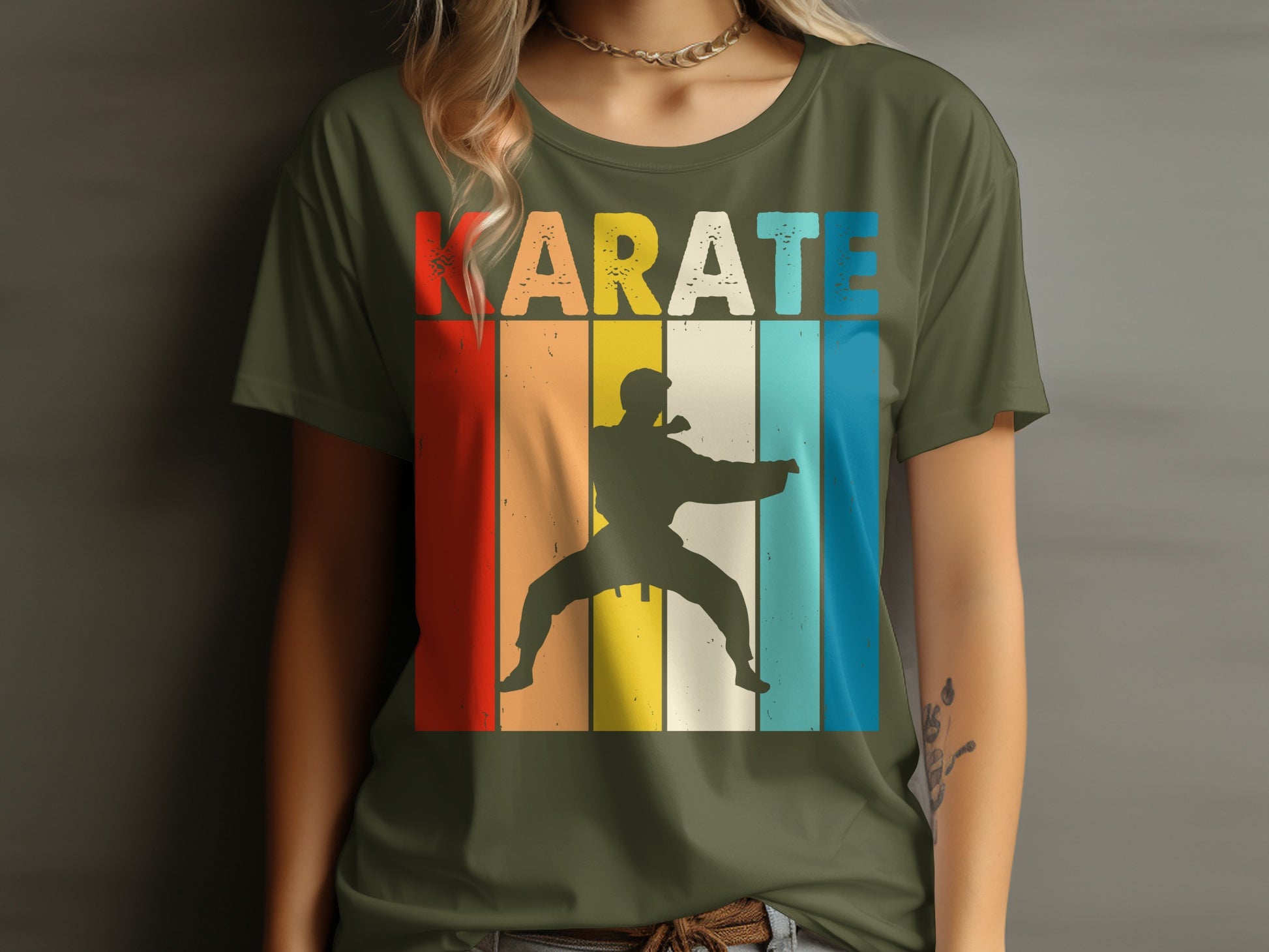 Silhouette of a martial artist performing a karate move against a colorful striped background.
