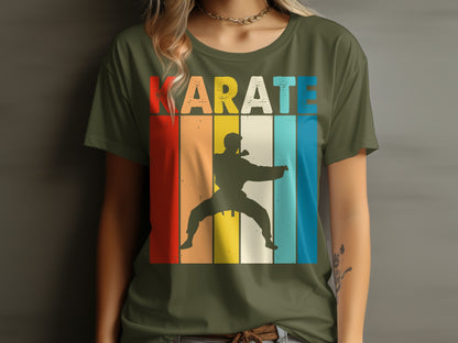 Silhouette of a martial artist performing a karate move against a colorful striped background.