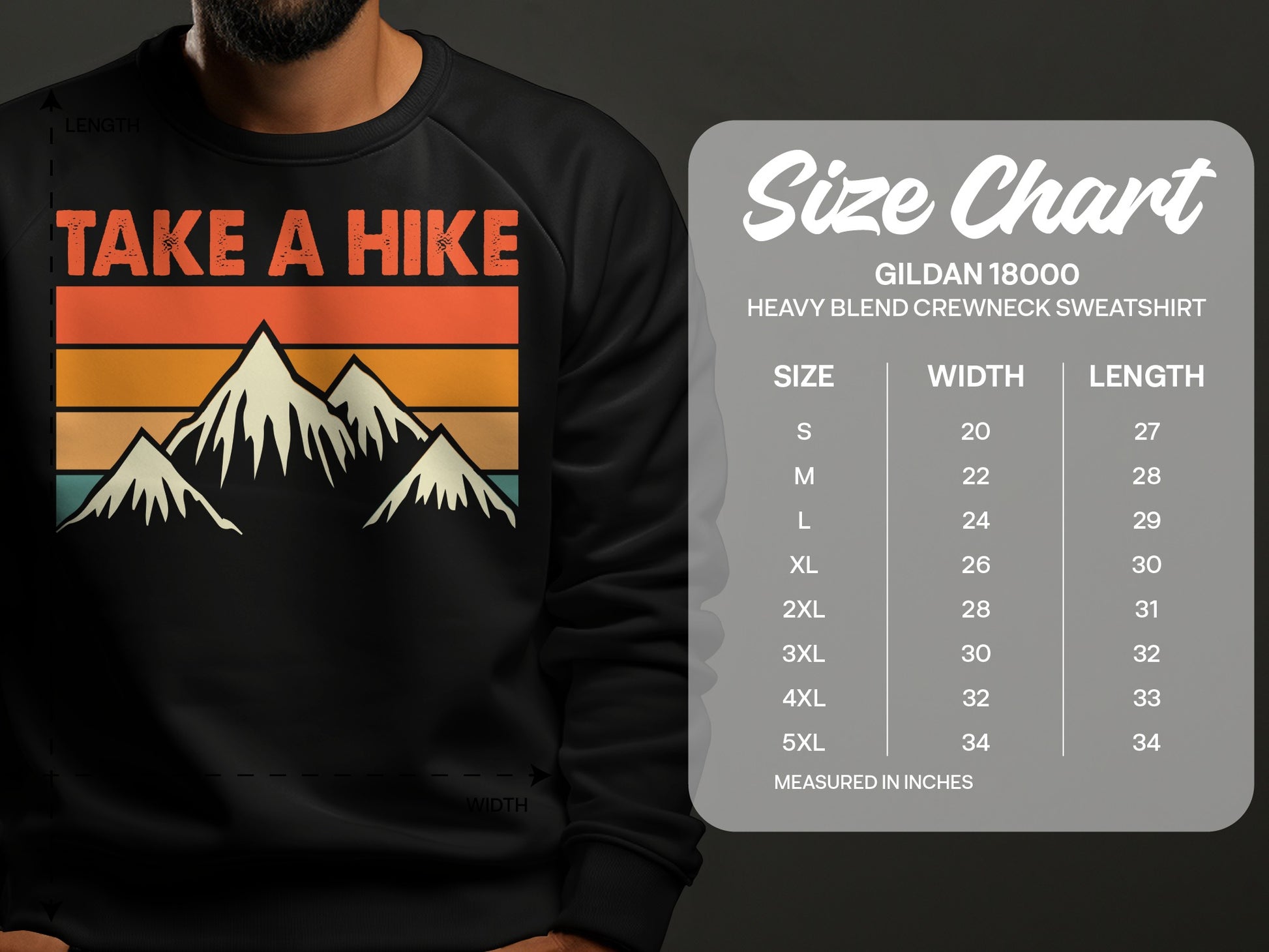 Gildan 18000 sweatshirt size chart with "Take a Hike" mountain graphic.
