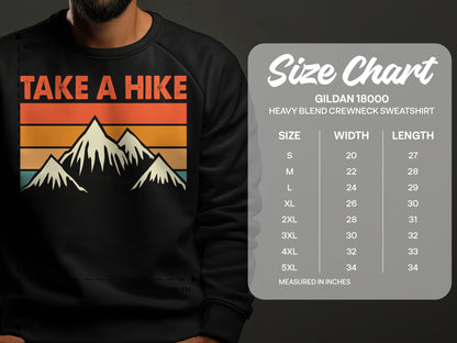 Gildan 18000 sweatshirt size chart with "Take a Hike" mountain graphic.