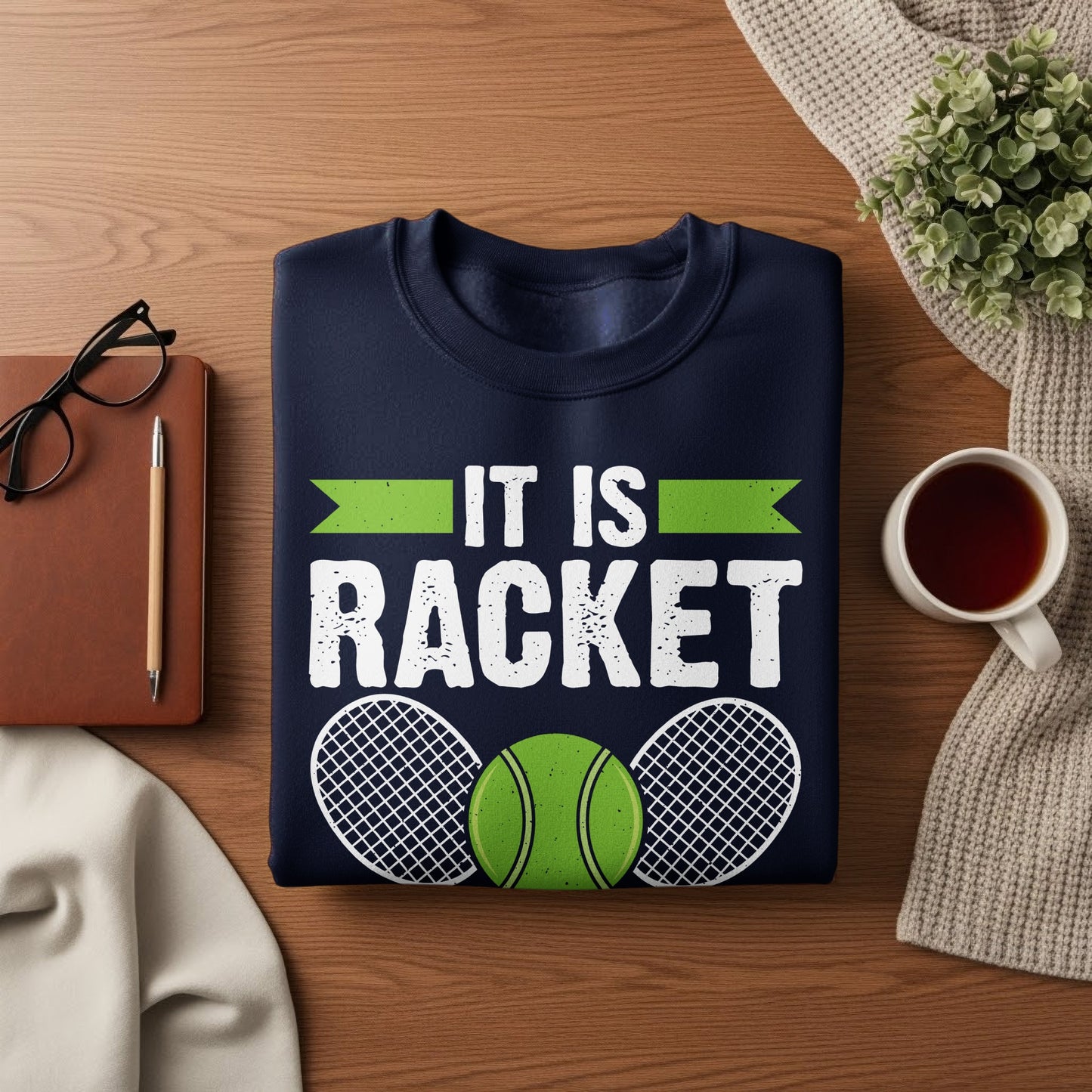 Navy sweatshirt with "IT IS RACKET" text and tennis graphics.