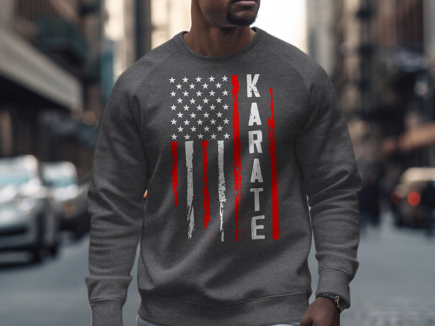 Grey sweatshirt with American flag and "KARATE" text design.