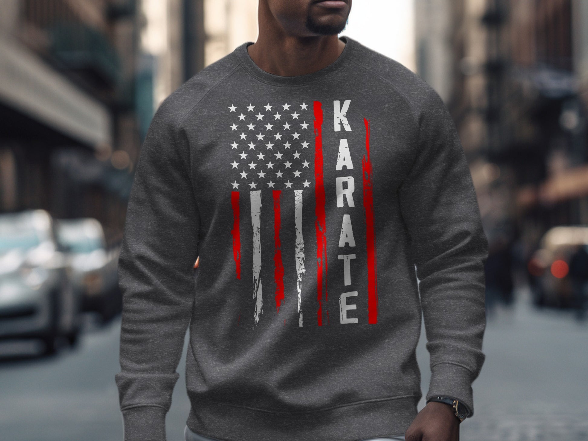 Grey sweatshirt with American flag and "KARATE" text design.