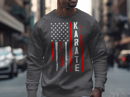 Grey sweatshirt with American flag and "KARATE" text design.