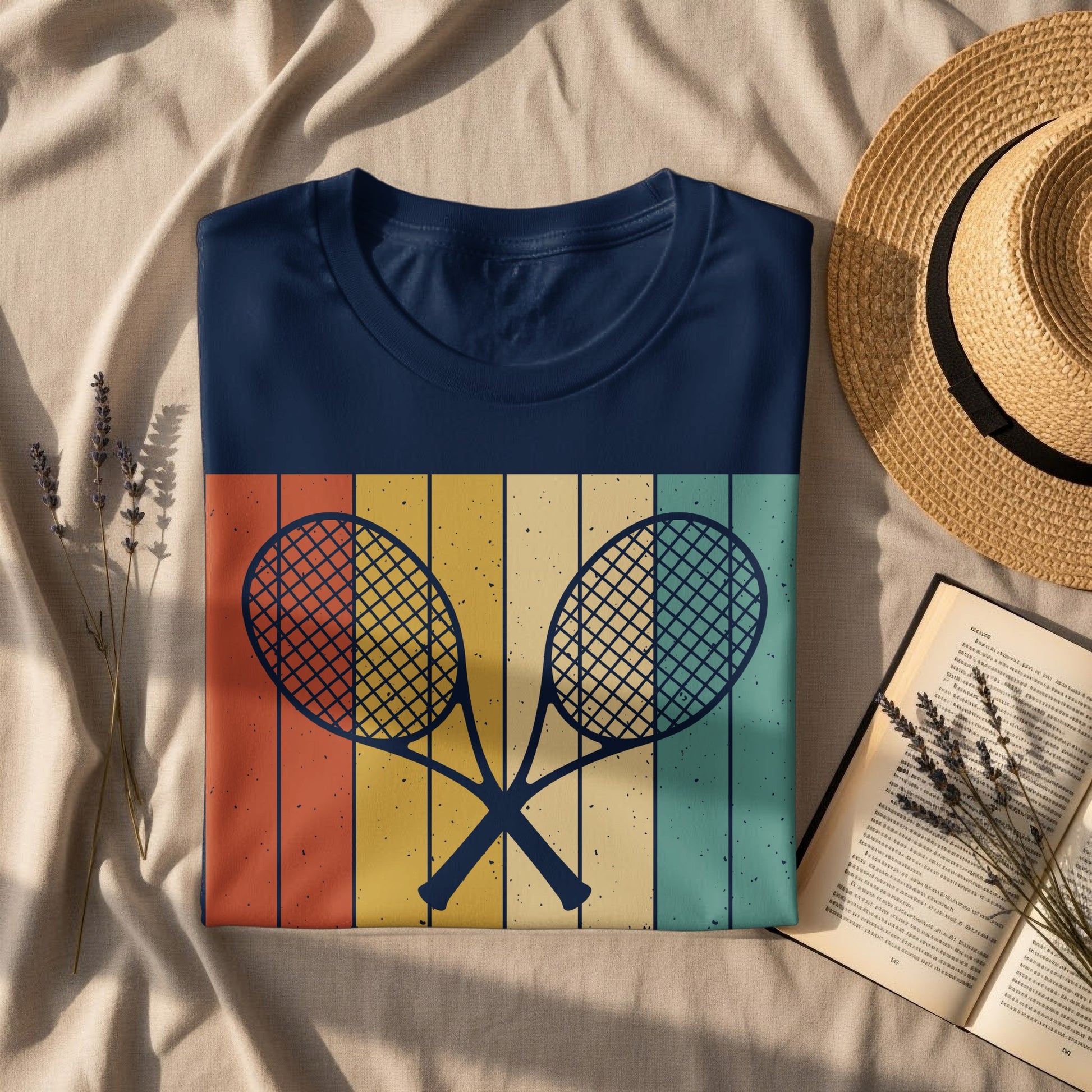 Navy t-shirt with vintage tennis rackets on striped background.
