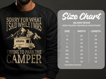 Sweatshirt with "Sorry for what I said while I was trying to park the camper" graphic and size chart.