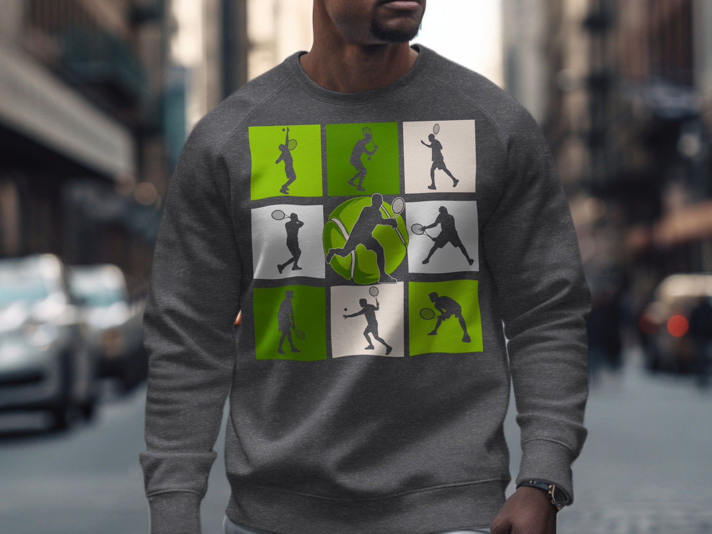Sweatshirt with a grid of tennis player silhouettes and a large tennis ball.