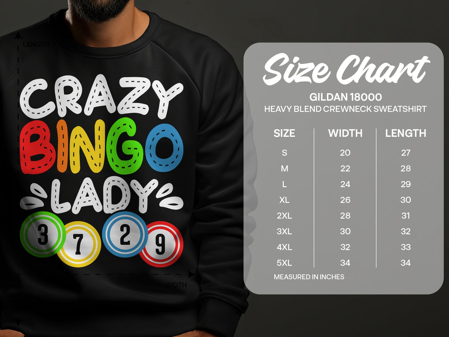 Crewneck sweatshirt size chart for Gildan 18000 heavy blend sweatshirt.