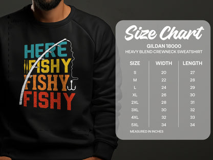 Gildan 18000 sweatshirt size chart showing width and length measurements in inches.