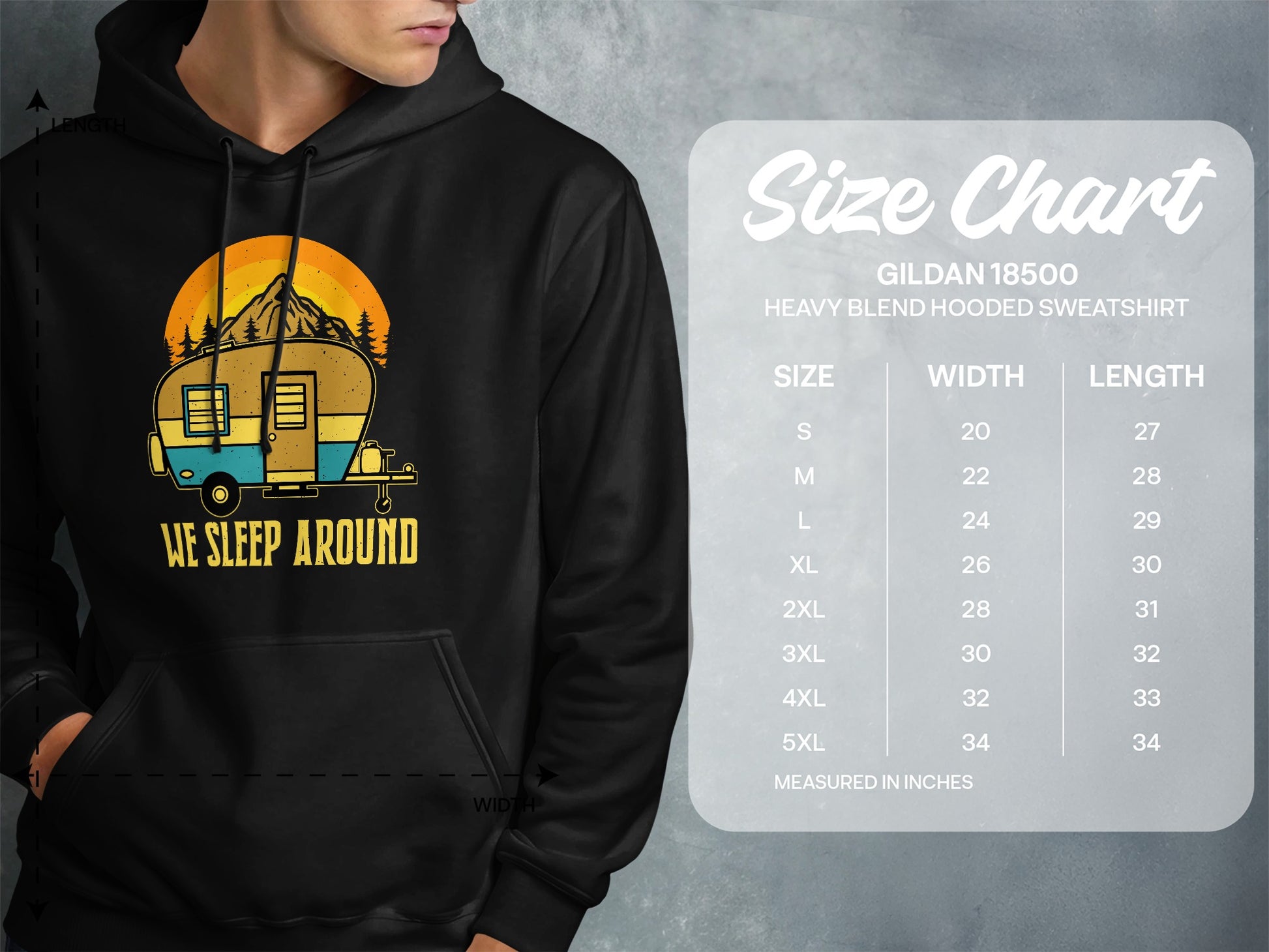 Gildan 18500 size chart for hooded sweatshirt with camping graphic.