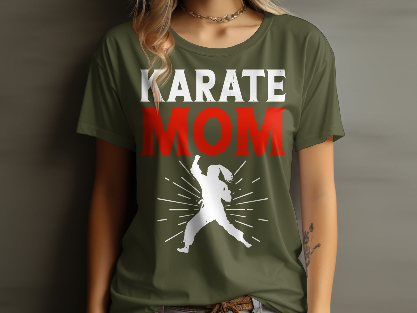 Karate Mom graphic t-shirt with a white karate silhouette.
