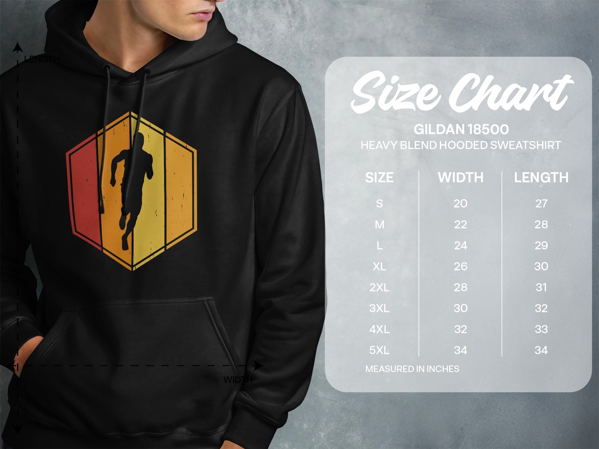 Gildan 18500 Heavy Blend hooded sweatshirt size chart with width and length measurements.