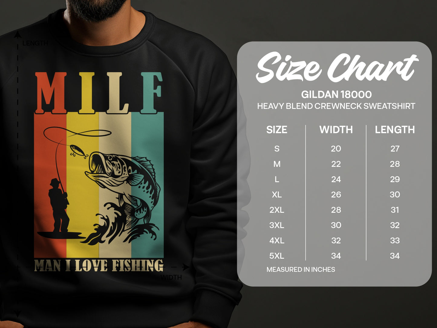 Gildan 18000 sweatshirt size chart with chest width and length measurements.