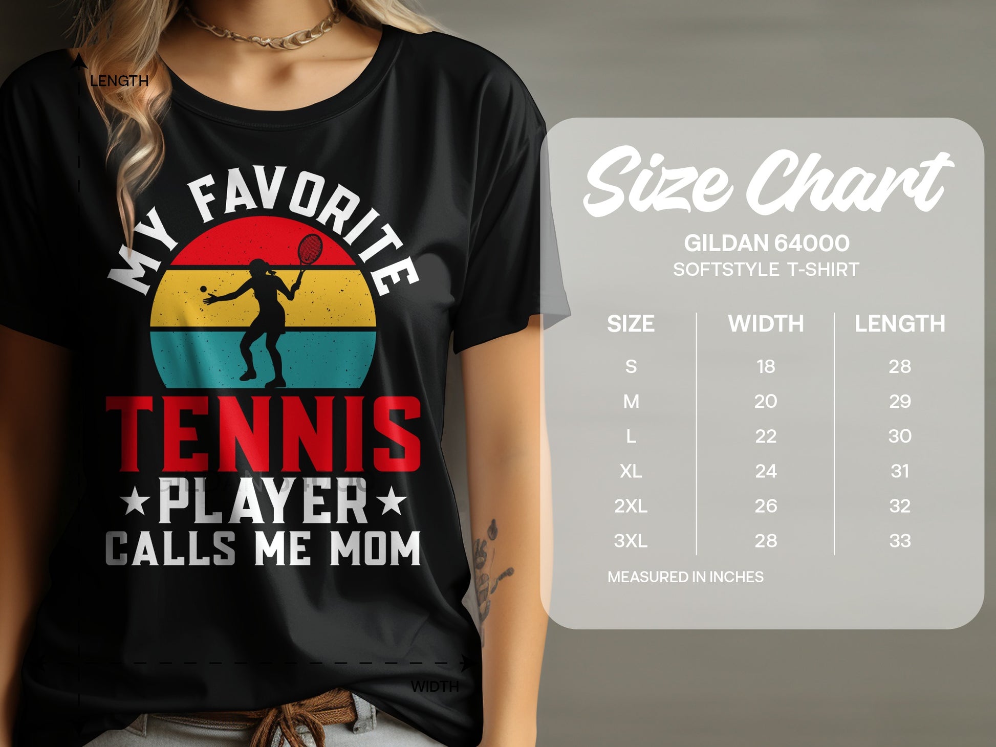 Black t-shirt with "My Favorite Tennis Player Calls Me Mom" text and tennis graphic.