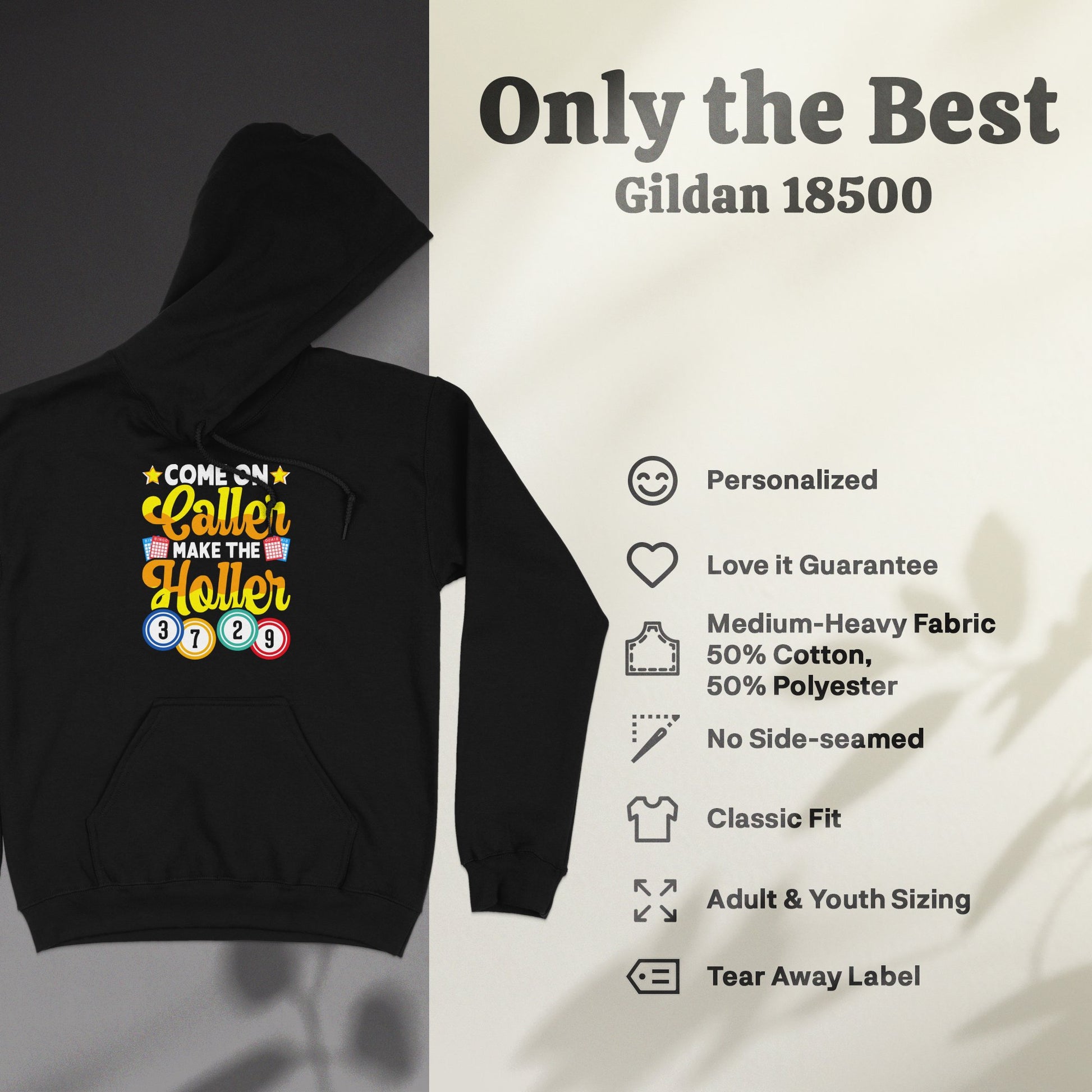 Black Gildan 18500 hoodie with "Caller Make the Holler" lottery design.
