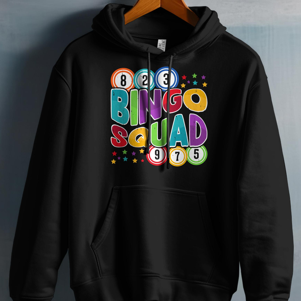 Bingo Squad text with colorful bingo balls and stars on black hoodie.