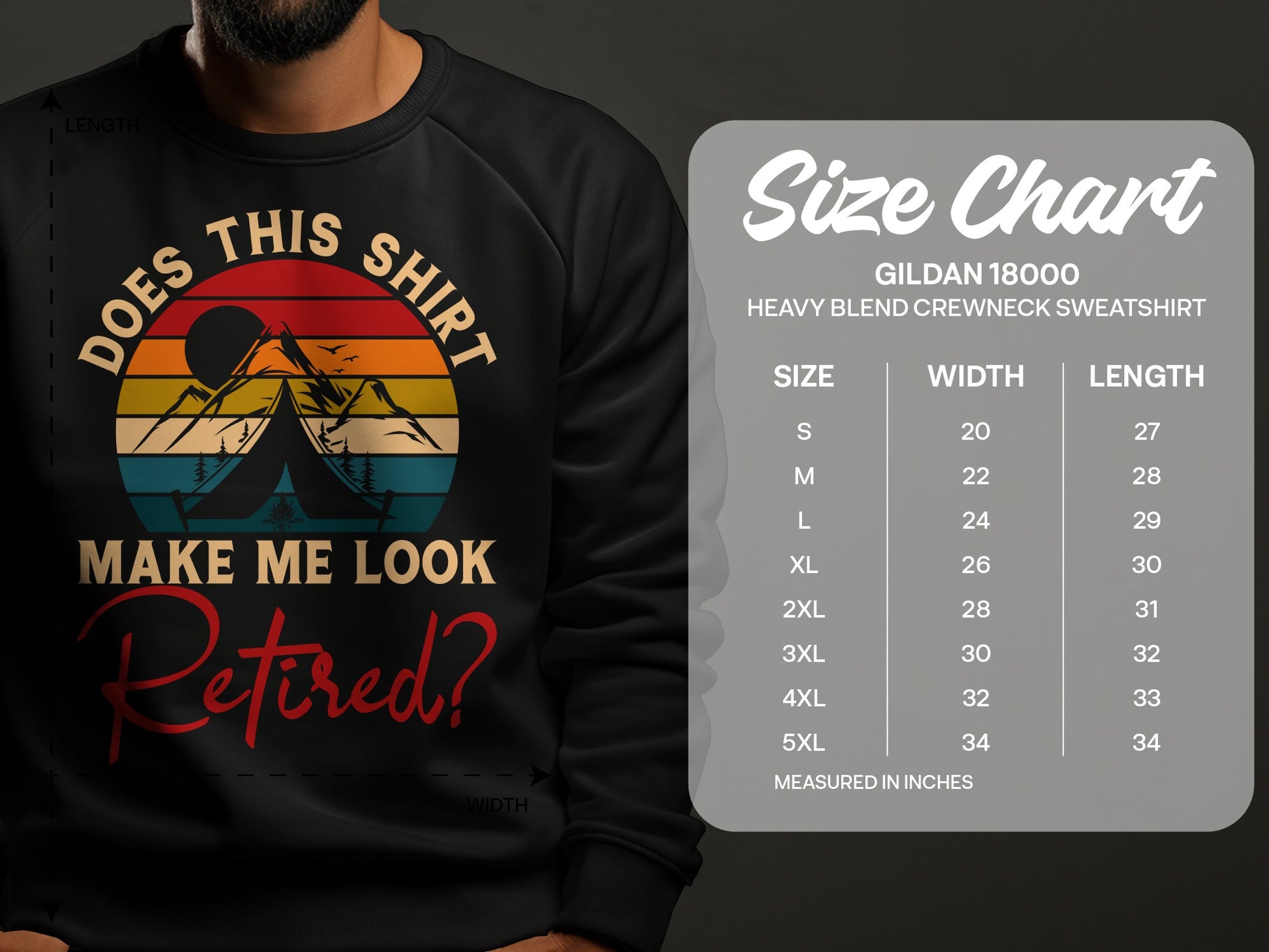 Sweatshirt with "Does this shirt make me look Retired?" text and mountain graphic.