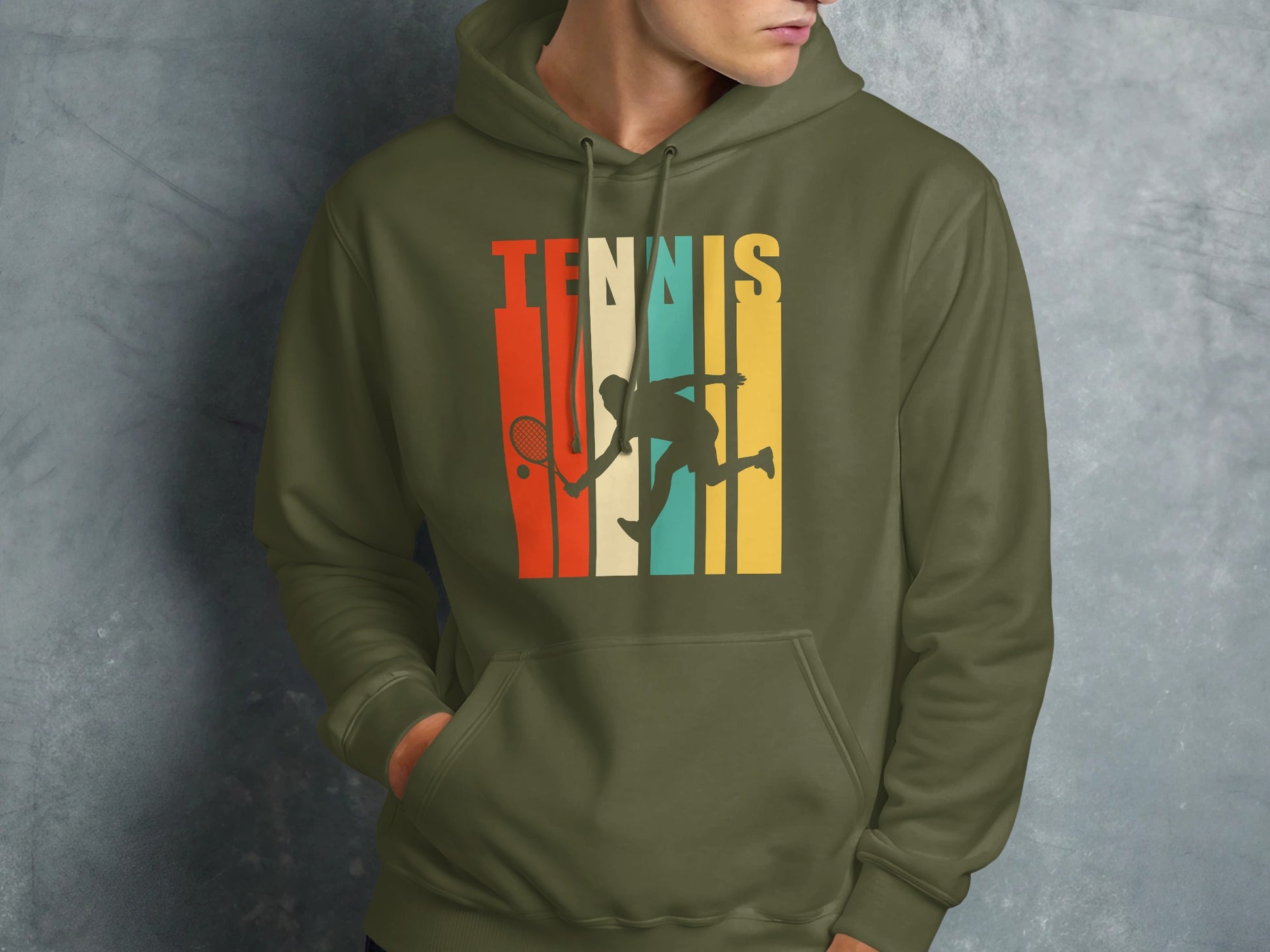 Green hoodie with retro "TENNIS" text and silhouette of tennis player.