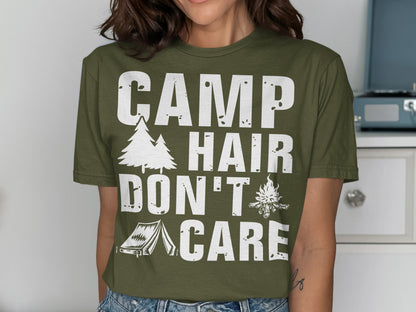 Olive green t-shirt with "CAMP HAIR DON'T CARE" text and camping graphics.
