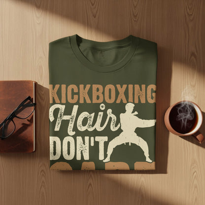 Olive green t-shirt with "Kickboxing Hair Don't Care" text and graphic.