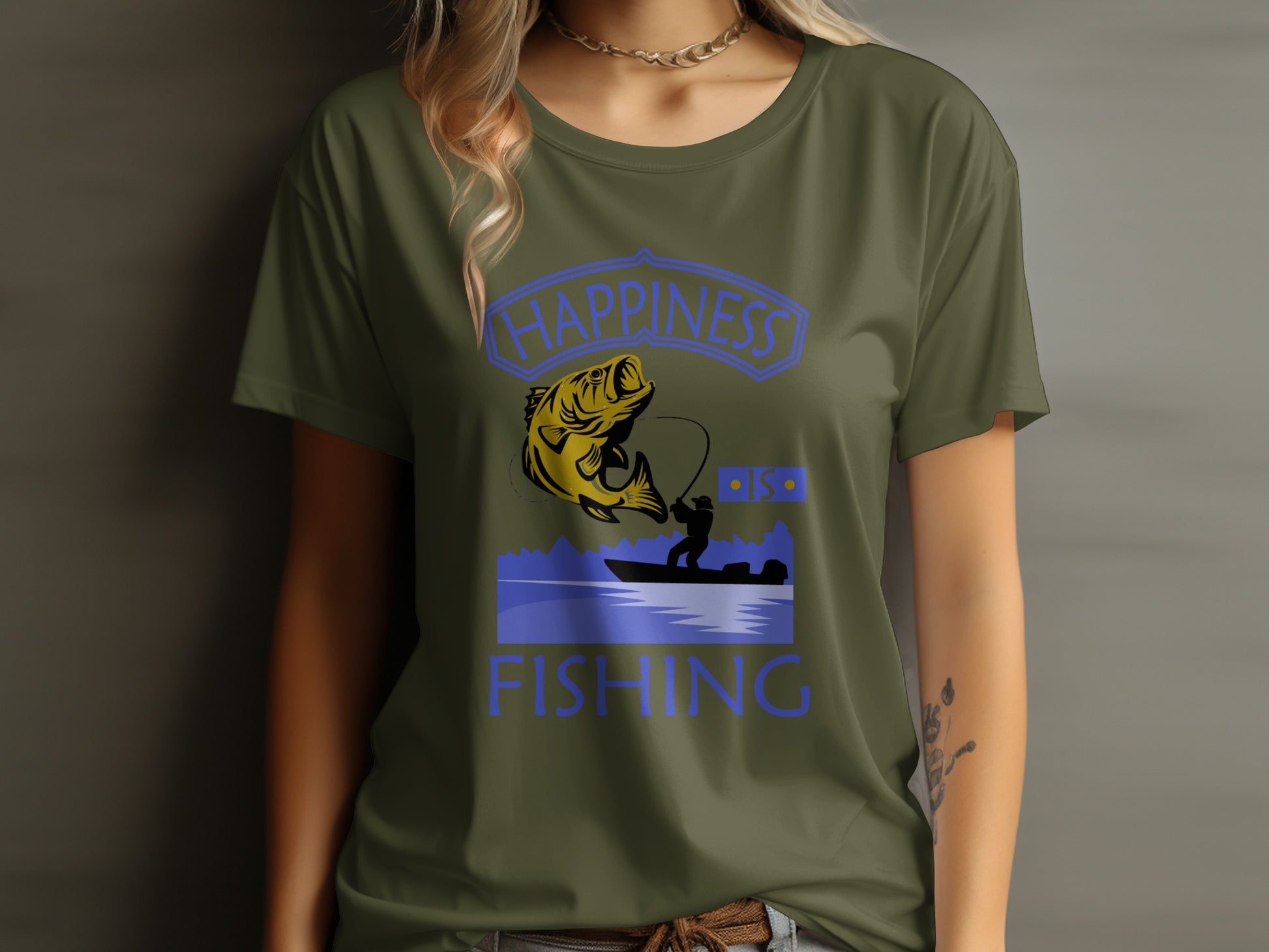 Green t-shirt with "Happiness is Fishing" text and fishing graphic.