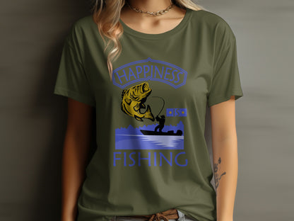 Green t-shirt with "Happiness is Fishing" text and fishing graphic.