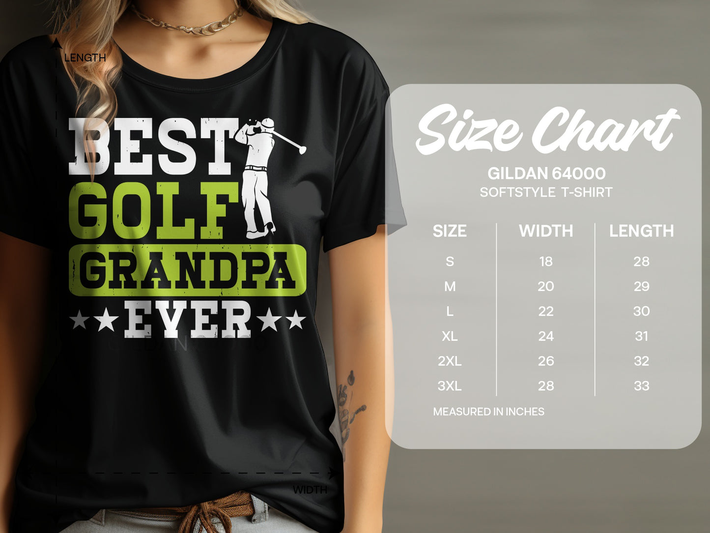 Black t-shirt with "Best Golf Grandpa Ever" text and golf graphic.