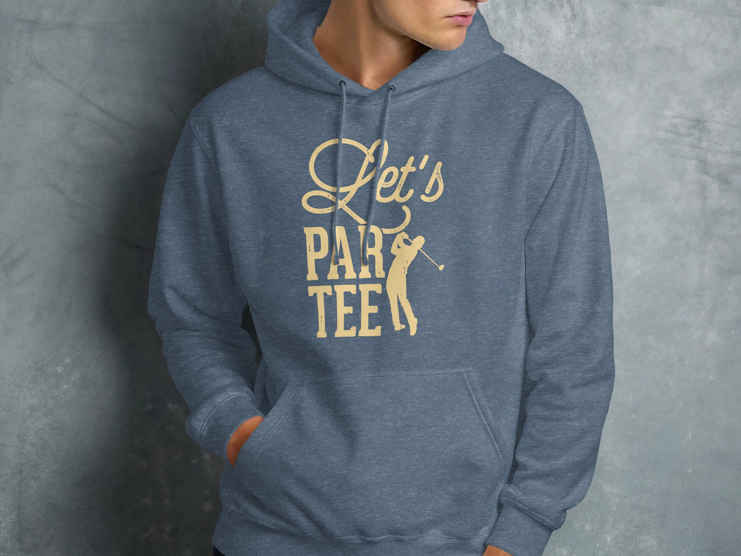 Blue hoodie with "Let's PAR TEE" text and golfer graphic.