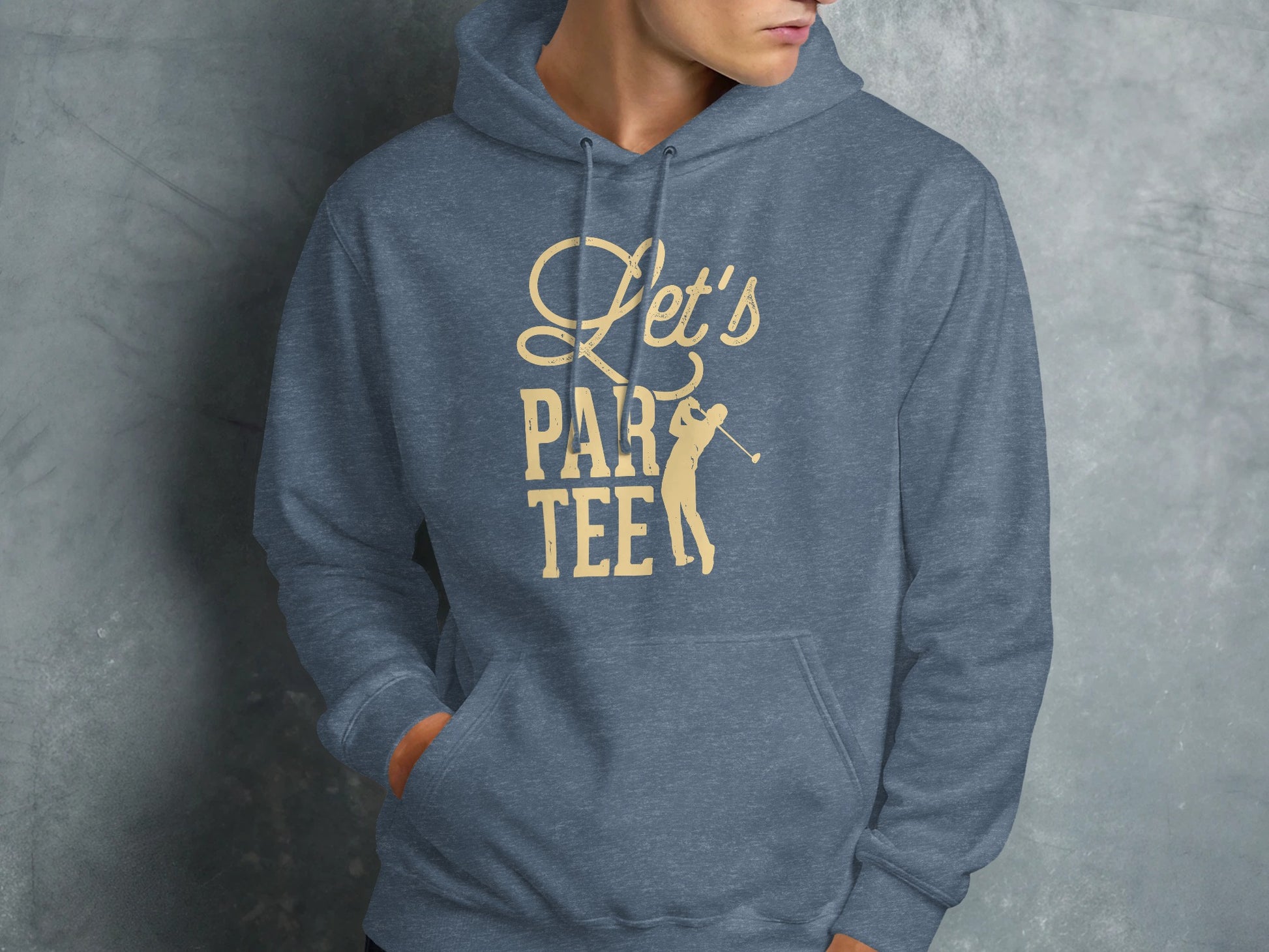 Blue hoodie with "Let's PAR TEE" text and golfer graphic.