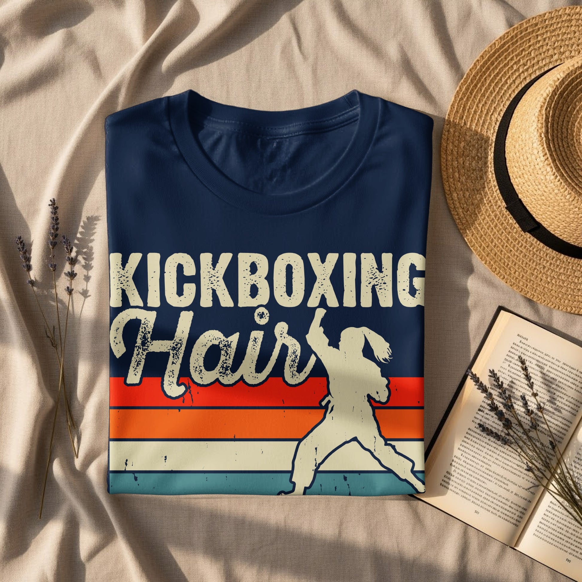 Navy t-shirt with "Kickboxing Hair" text and silhouette of a kickboxer.