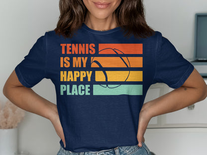 Navy t-shirt with "Tennis is my happy place" and tennis ball graphic.