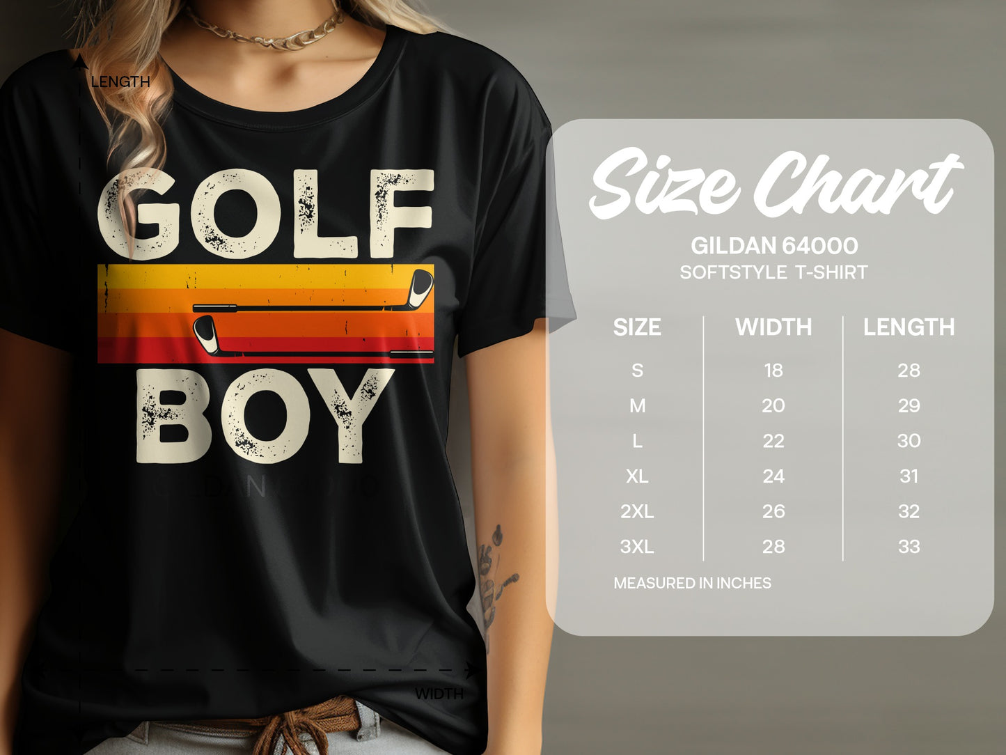 T-shirt with "GOLF BOY" graphic and size chart.