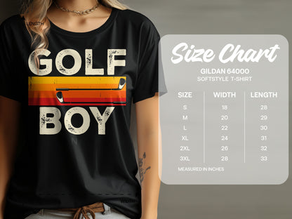 T-shirt with "GOLF BOY" graphic and size chart.