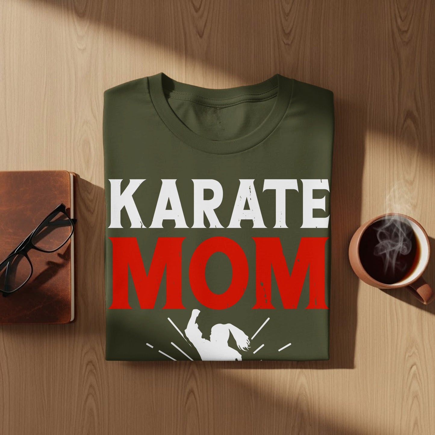 Olive green t-shirt with "KARATE MOM" text and a silhouette.
