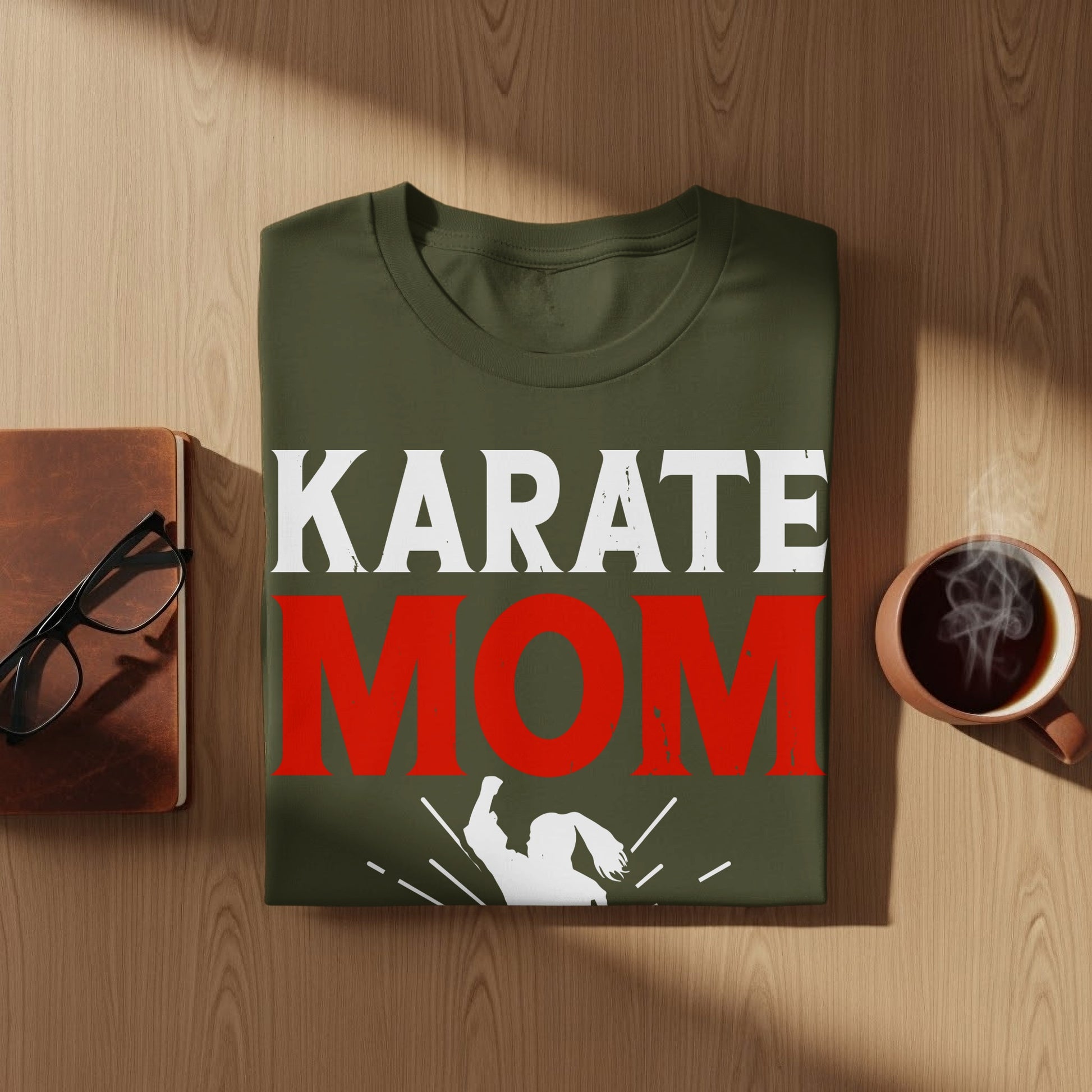 Olive green t-shirt with "KARATE MOM" text and a silhouette.