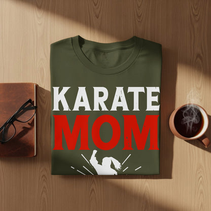 Olive green t-shirt with "KARATE MOM" text and a silhouette.