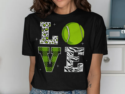 Black t-shirt with green tennis ball and "LOVE" in leopard, plaid, and zebra print.