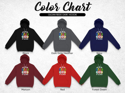 Gildan 18500 Dark Hoodie color chart showing Black, Dark Gray Heather, Navy, Maroon, Red, and Forest Green.