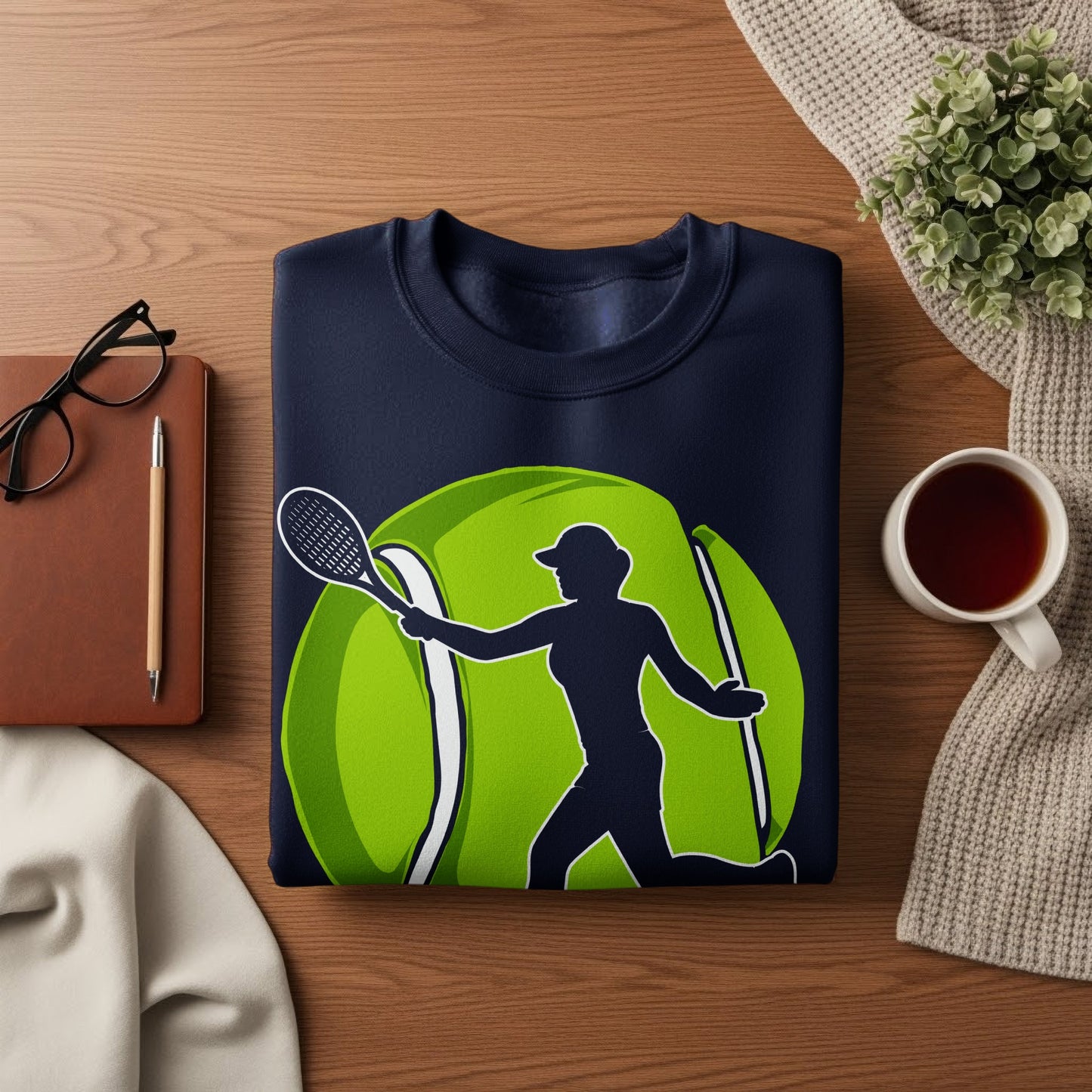 Navy sweatshirt with a tennis player silhouette against a large lime green tennis ball.