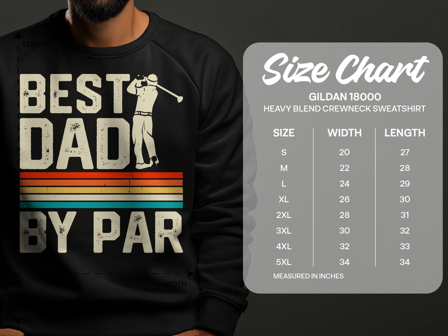 "BEST DAD BY PAR" graphic sweatshirt with a size chart.