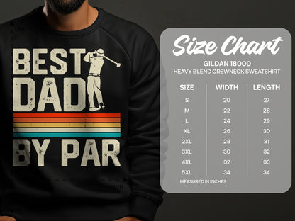 "BEST DAD BY PAR" graphic sweatshirt with a size chart.