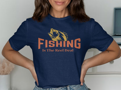 Navy t-shirt with "FISHING Is The Reel Deal" text and fish graphic.