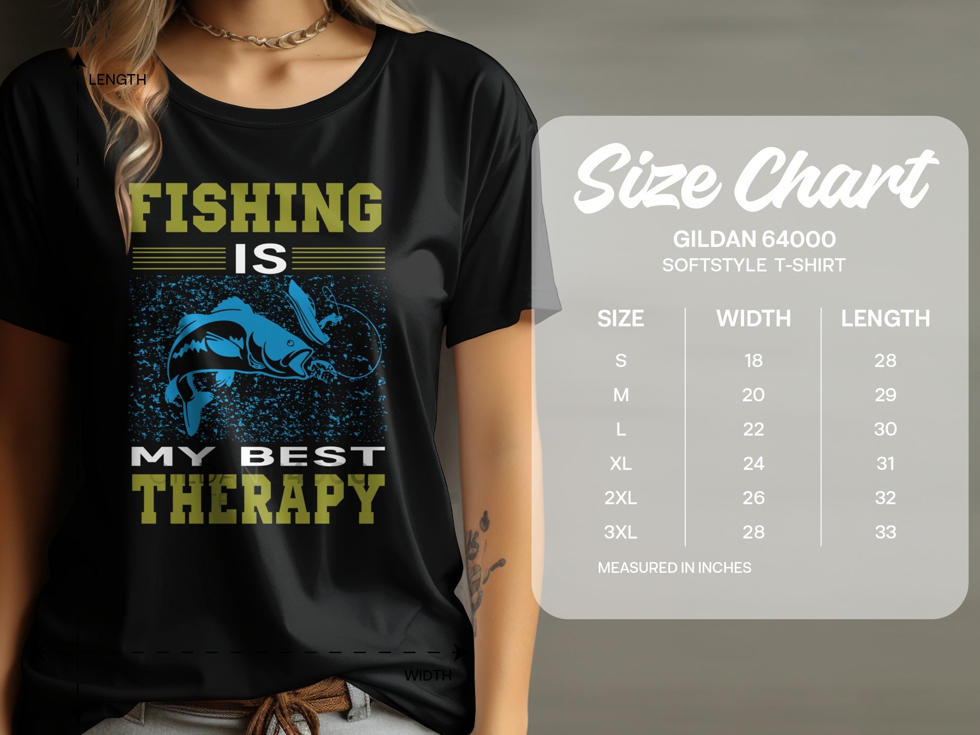 Black t-shirt with "FISHING IS MY BEST THERAPY" text and a fish graphic.