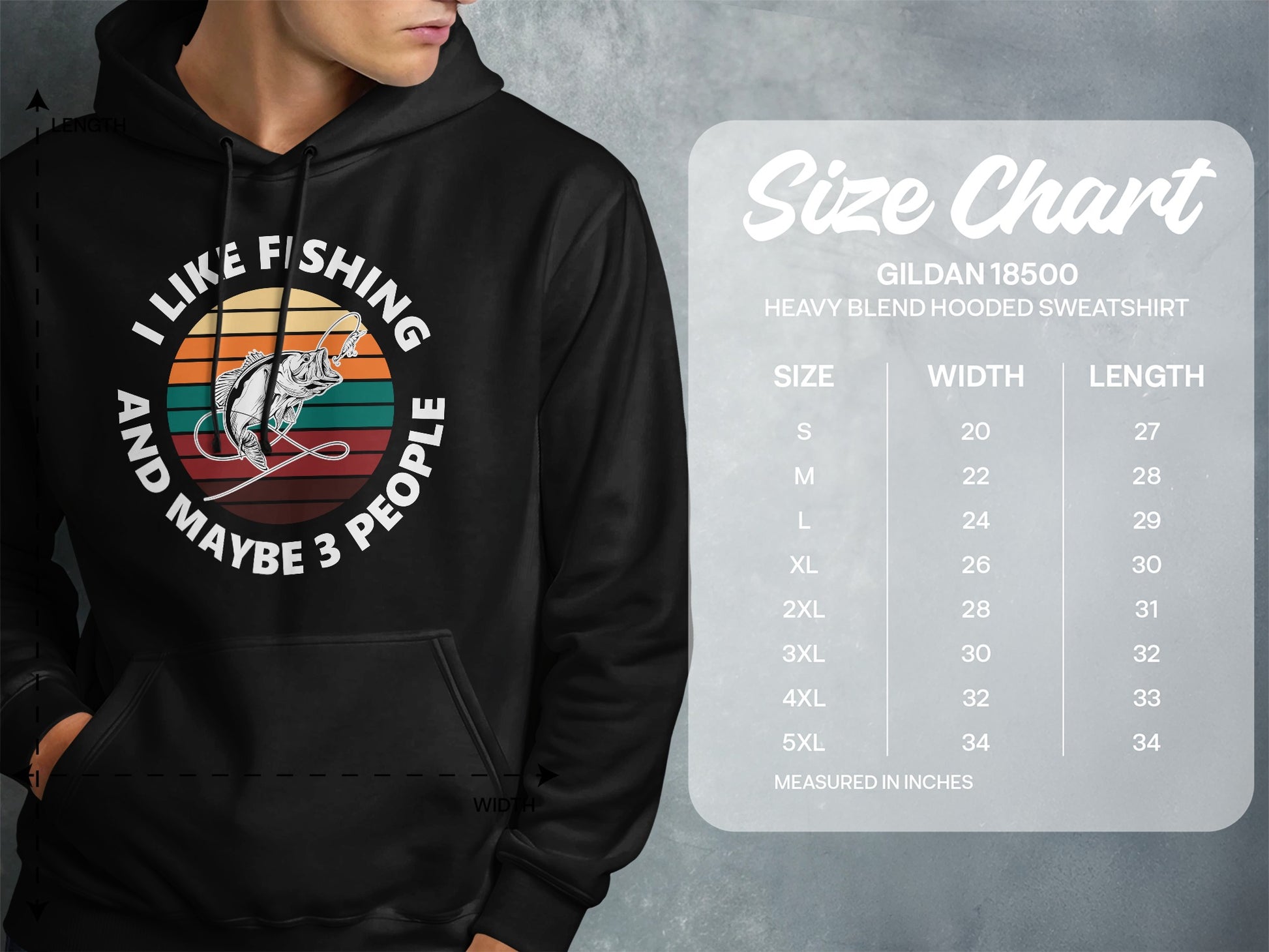 Hooded sweatshirt with fishing graphic and size chart.