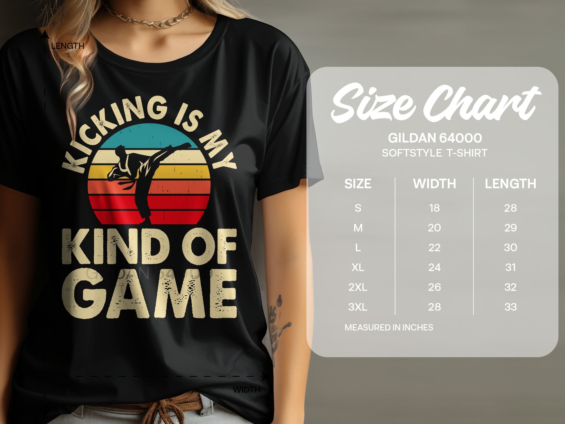 T-shirt with "Kicking is my Kind of Game" text and sunset graphic, with size chart.