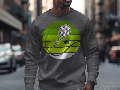 Man wearing a gray sweatshirt with a tennis racket and ball graphic.