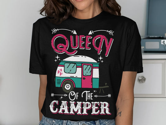 Black t-shirt with "Queen of the Camper" and a stylized camper illustration.