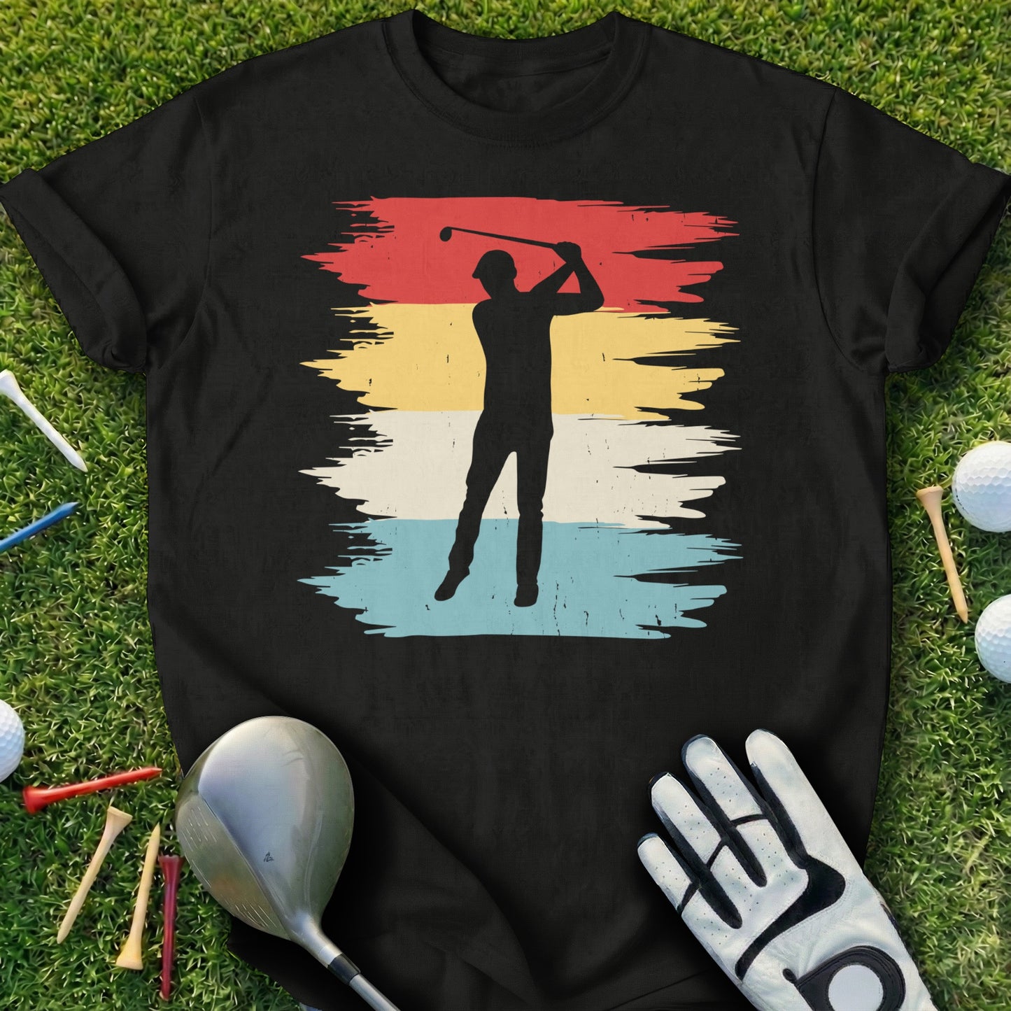 Black t-shirt with vintage golfer silhouette on striped background.