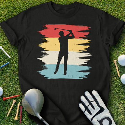 Black t-shirt with vintage golfer silhouette on striped background.
