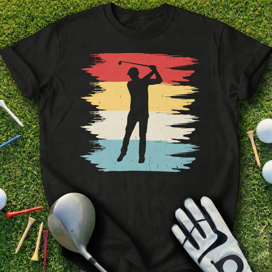 Black t-shirt with vintage golfer silhouette on striped background.
